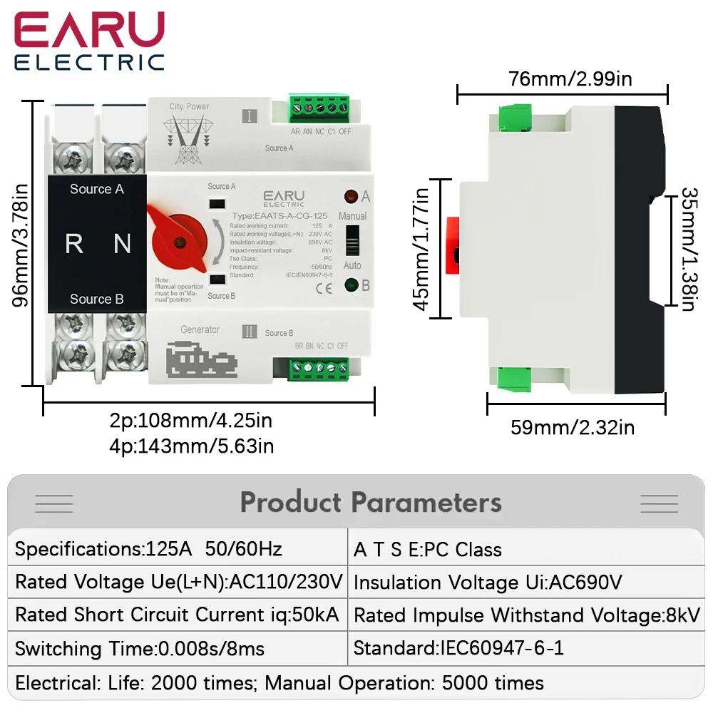 2P 4P AC 110V 230V 125A Din Rail Mini ATS Dual Power Automatic Transfer Switch Electrical Selector Switches Uninterrupted Power