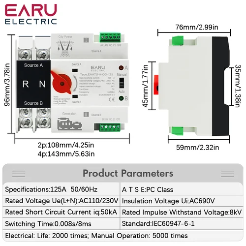 Imagen 2 del producto 2P 4P 125A AC 110V 230V ATS PV interruptor de transferencia automática de doble potencia interruptores selectores eléctricos energía ininterrumpida carril Din