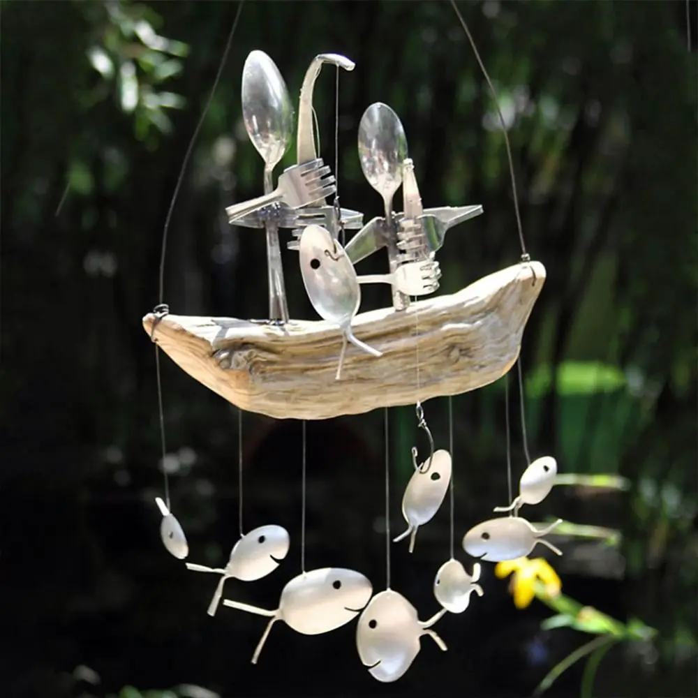 

3 Styles Unique Fishing Man Wind Chime Soft Sound Exquisite Wooden Boat Fishing Sculptures Handicraft Hanging Windchime Indoor