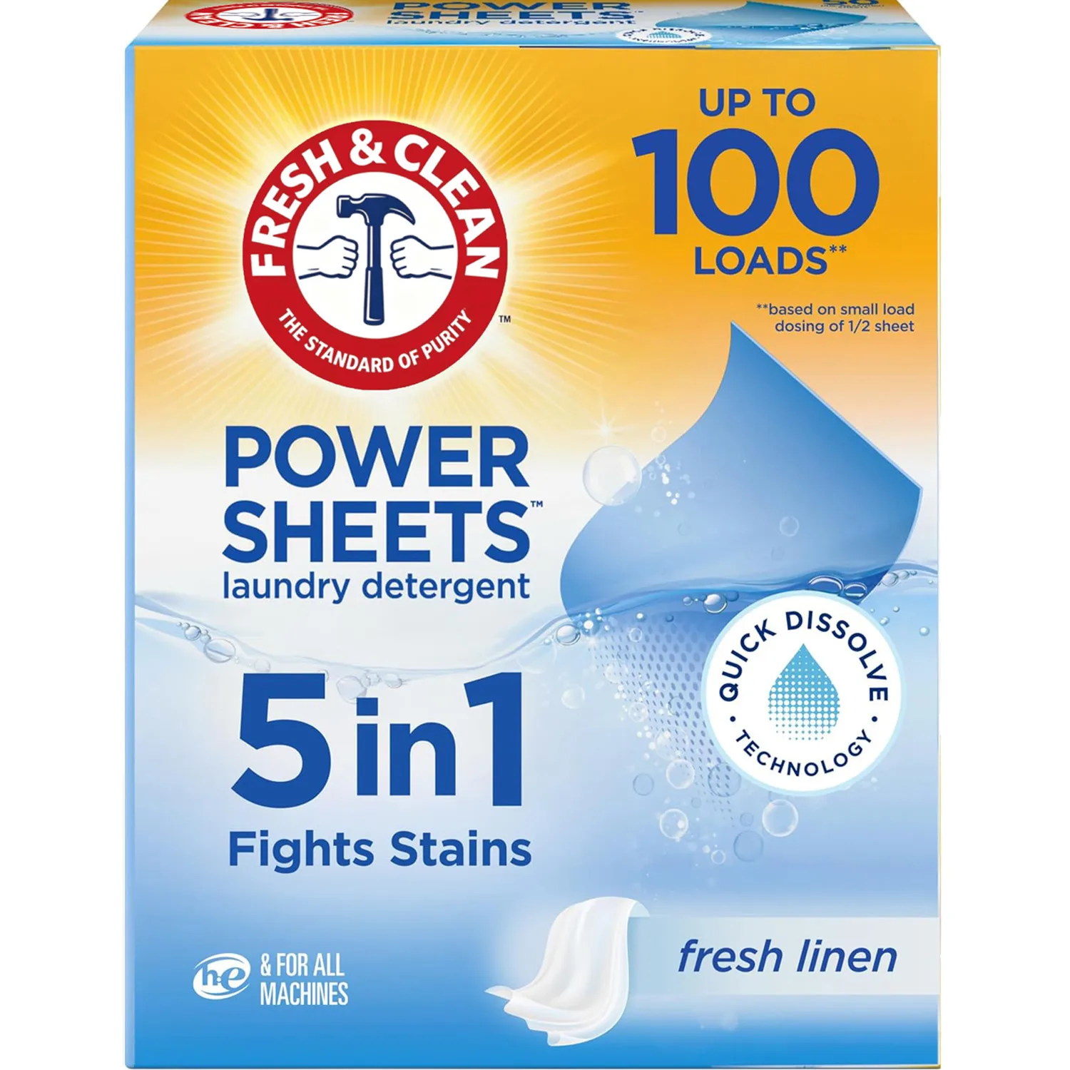 5-in-1 Power Sheets Laundry Detergent Fresh Linen 50 Count Quick-Dissolve Sheets Up To 100 Loads Pre-Measured 99% Less Water