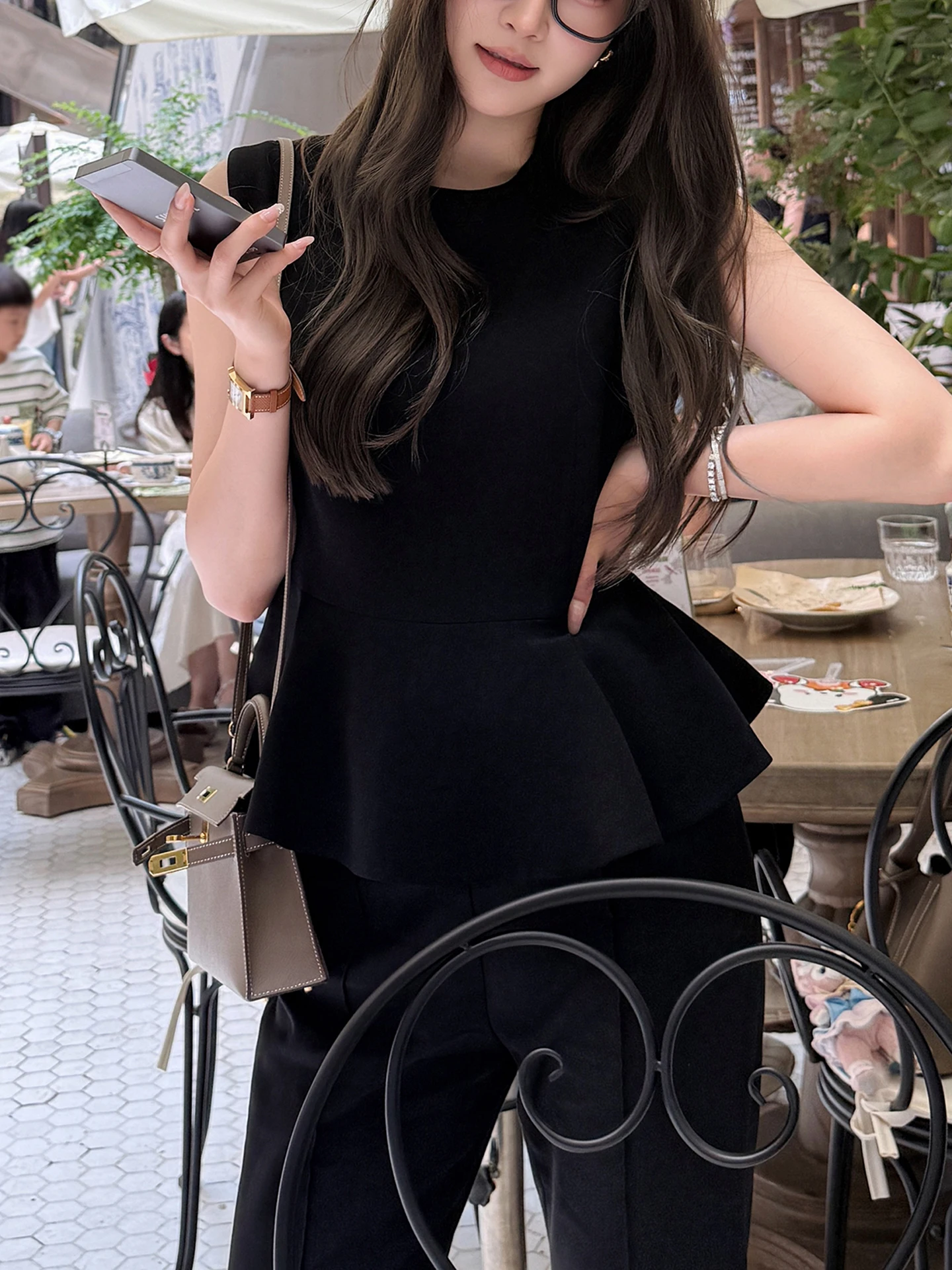 

Silk Tulip Top Women's Slim Fit round Neck Summer New Arrival Simple Elegantly Gathered High Waist Fun Personality T-Shirt