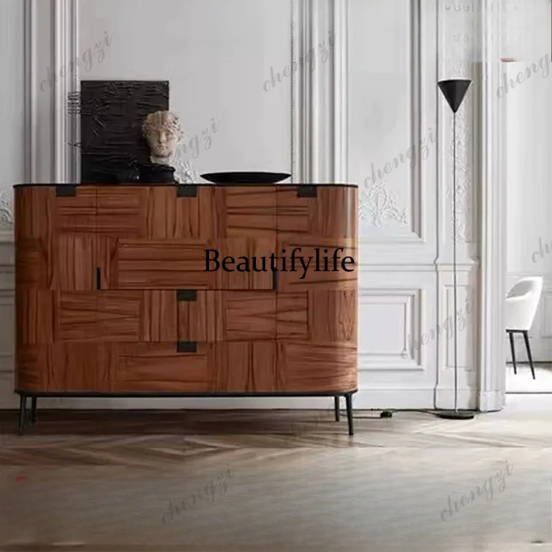 Italian light luxury dining side cabinet high-end wood grain rock slab storage decorative cabinet retro secret cabinet
