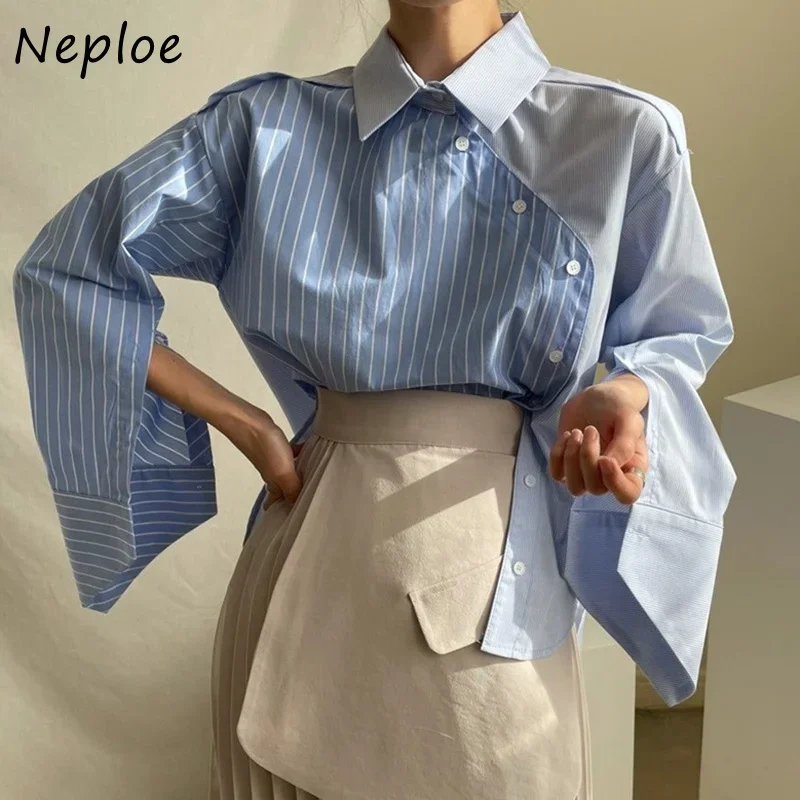 Neploe Coreano Colletto Irregolare Design Camicetta A Maniche Lunghe Delle Donne di Colpo di Colore A Righe Patchwork Allentato Blusas Primavera