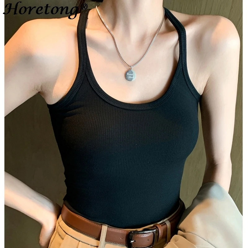 Horetong 2024 Casual Women Halter Crop Tops Summer Sleeveless Camis Sexy Knitted Strap Tank Top Slim Solid Short Female Camis