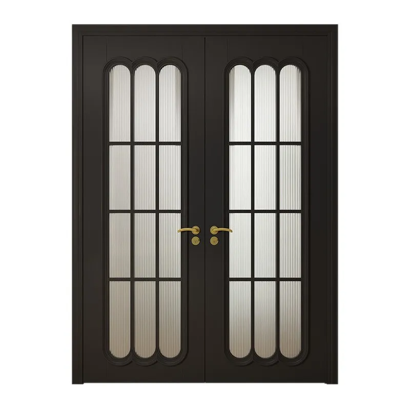 Puerta de madera maciza negra retro francesa para dormitorio, puerta doble de madera con vidrio Changhong.