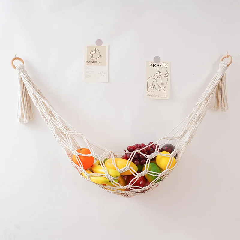 

Handmade Macrame Fruit Hammock with Tassels Wall Mounted Cotton Rope Toys Storage Net Boho Tapestry for Kitchen and Home Decor