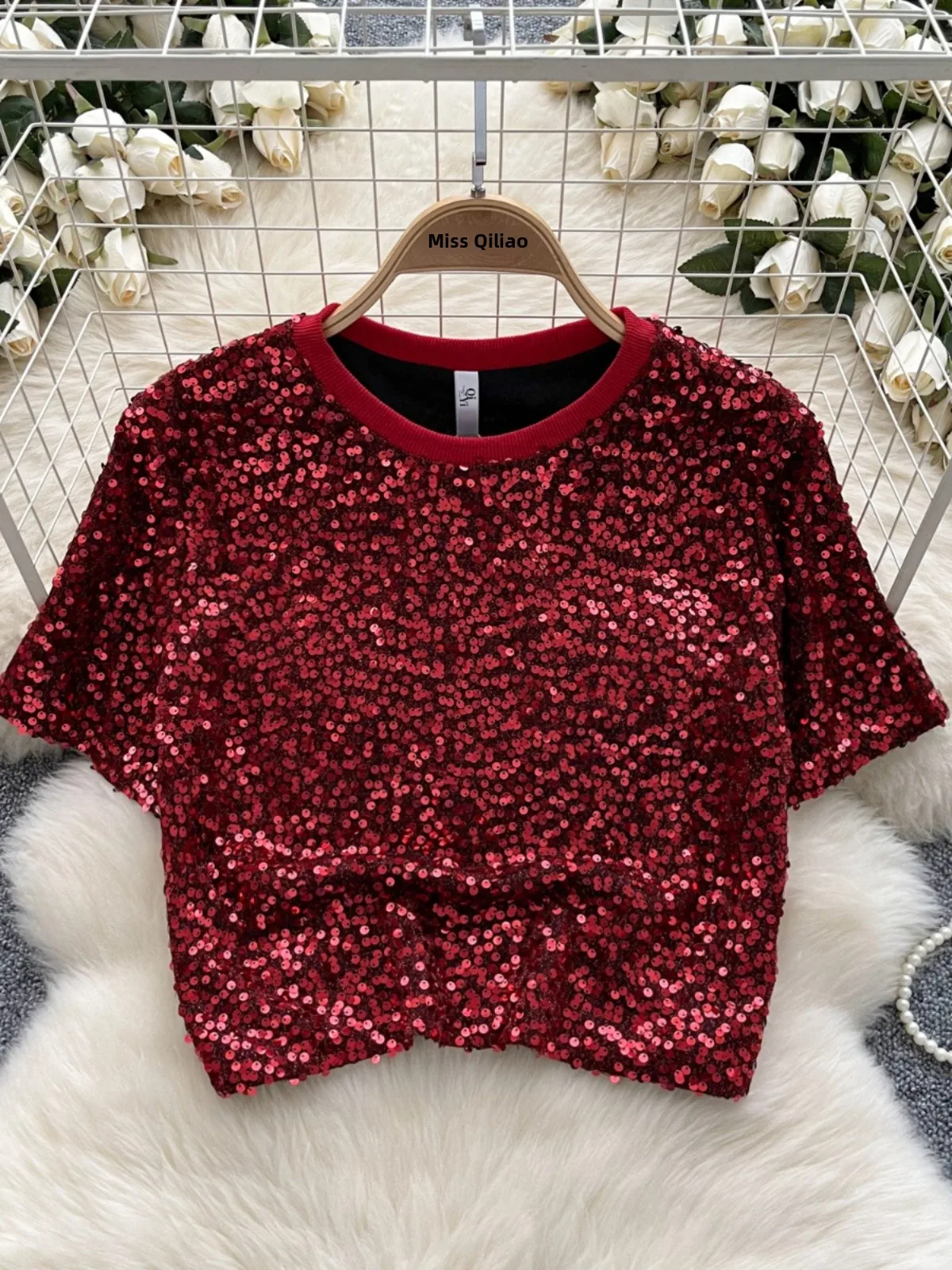 ort Sve T-Shirt Damen Pendeln Vielseitig Faion Round Ne Overhead Sparkling Top Sommer Trendy ort Sle Small irt