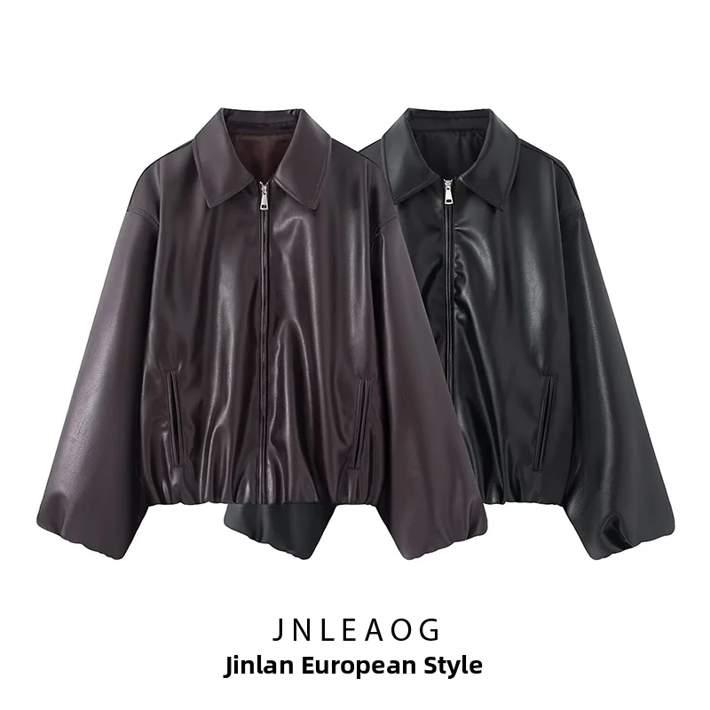 JNLEAOG Summer New Women's Long Sleeve PU Leather Jacket Loose Design Commute Style Outerwear Warm Short Coat Zipper Closure