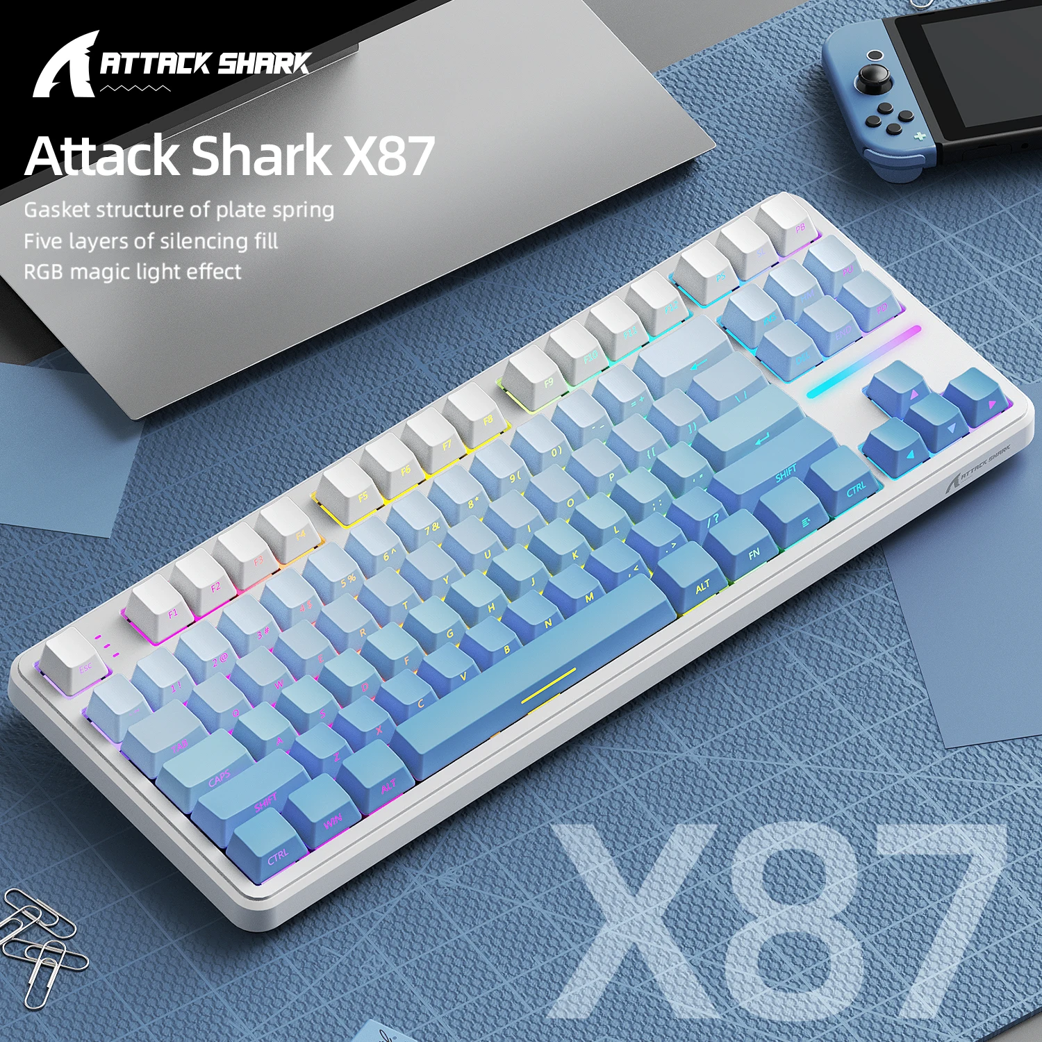 

Беспроводная механическая клавиатура Attack Shark X87, трехрежимное соединение, качество звука RGB HIFI, прокладная структура, настройка макросов