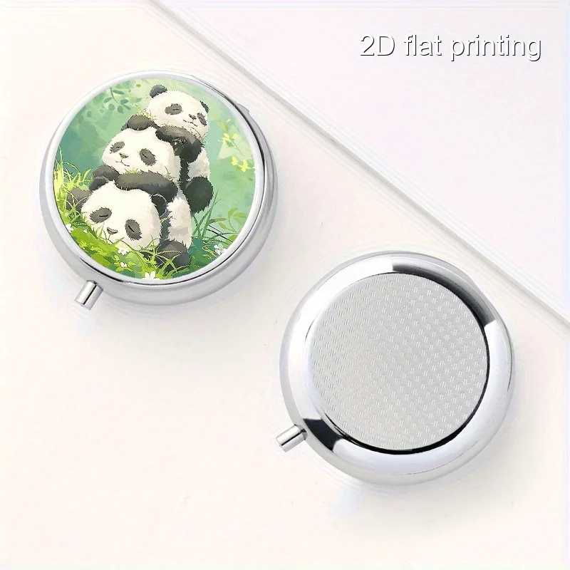 Three Panda Creative Printed Pattern Round Metal Box with 3 Compartments, Portable Mini Metal Box, Nutritional Vitamin Metal Box, Portable Metal Box for Home and Travel, Multifunctional Organizer Box for Decorations, Earrings, Jewelry, Multi-Compartment Storage Small Metal Box, Sealed and Moisture-Proof, Unique Holiday Gift for Family and Friends