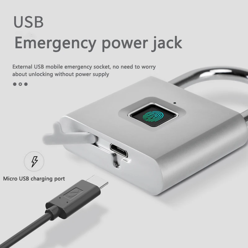 Pequena Fingerprint Lock com Carregamento USB, Cadeado impermeável, Zinc Alloy, Lock Body, SMBG04