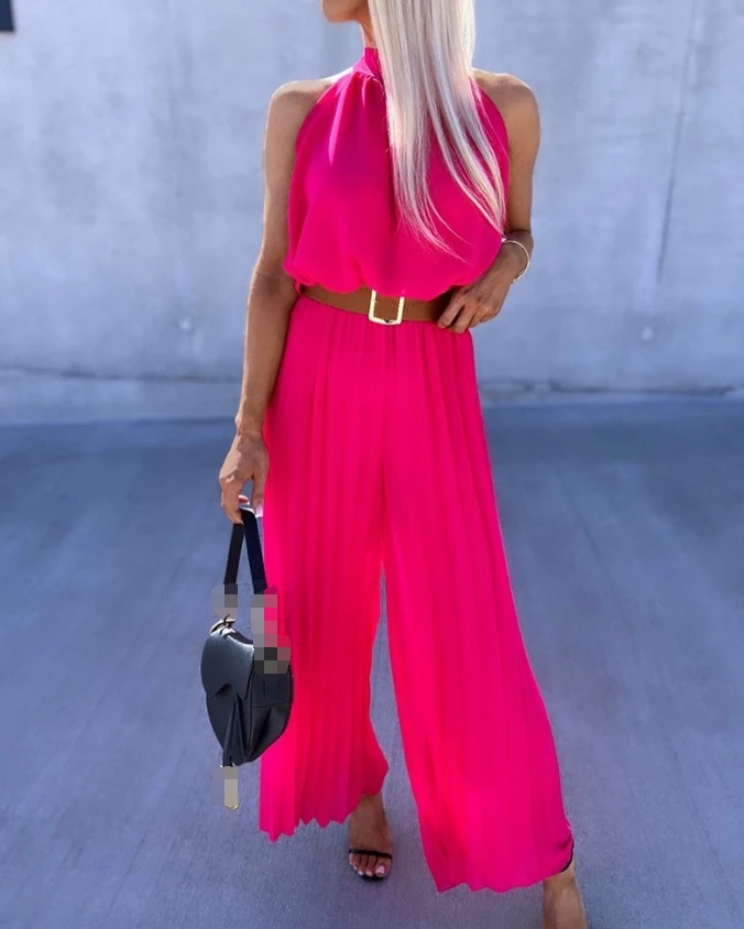 

Women's Urban Style Jumpsuit 2024 Spring Summer Latest Casual Sleeveless Pleated Mock Neck Rocker Ruched Vacation Bodysuit