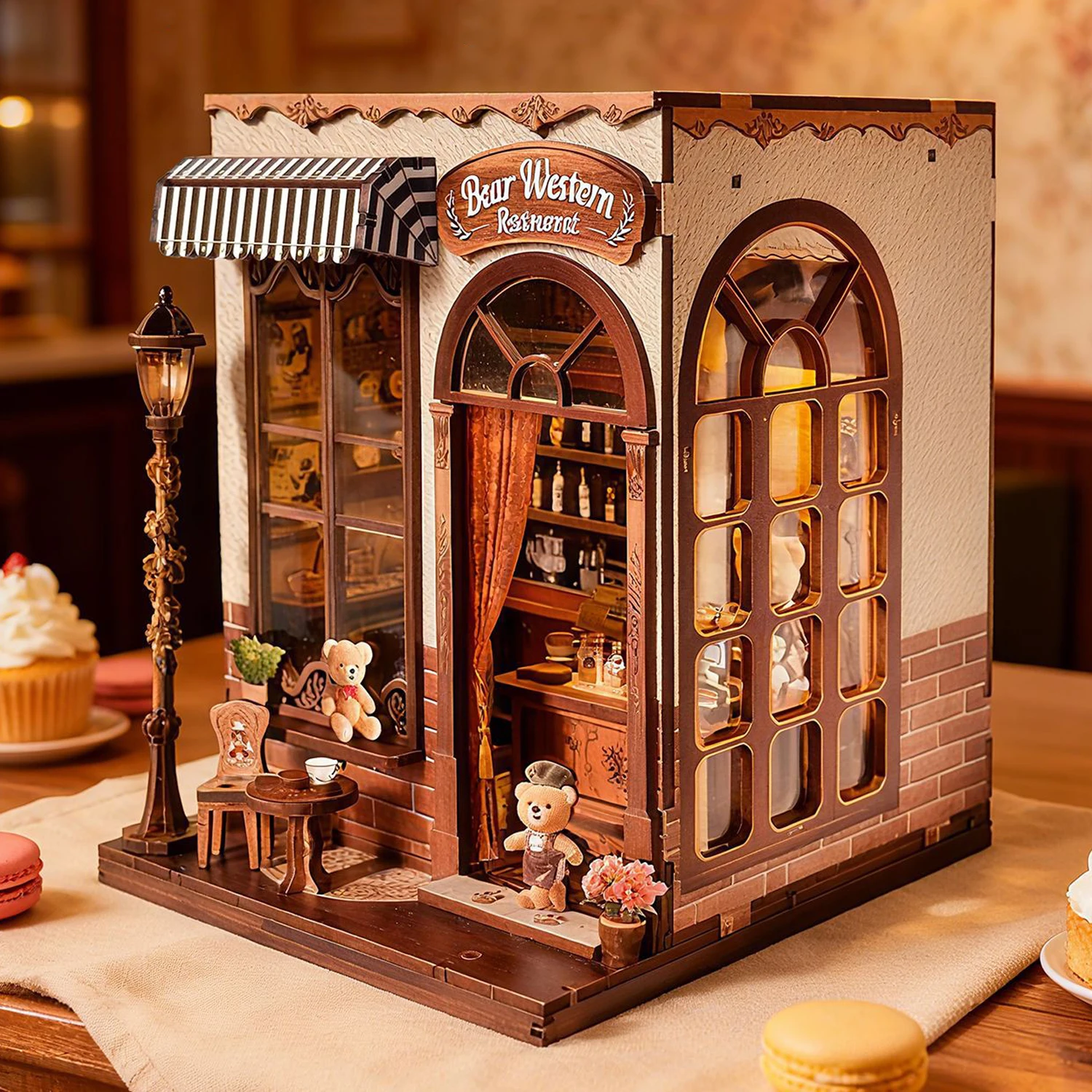 

DIY Wooden Miniature Model Kit Bear Western Restaurant Casa 3D Puzzle Doll Houses With Furniture for Friends Birthday Gifts