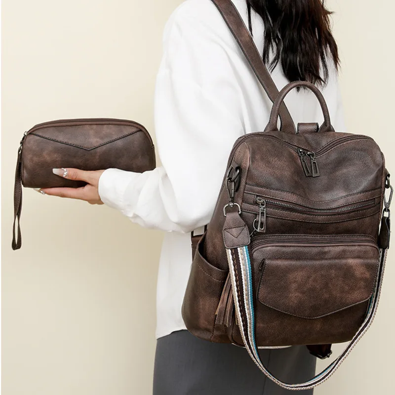 

Versatile Backpack Leather PU Women's Daily Shoulder Bag Two Piece Set Travel Fashion Double Color Patchwork Tassel Backpack