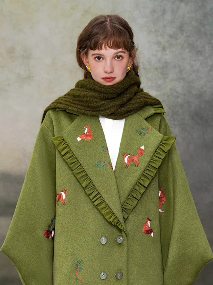 Autumn Winter Original Design Women Vintage Style Green Warm Wool Scarf