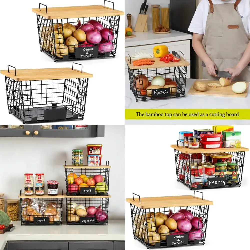 

2 Set XXL Stackable Wire Basket with Bamboo Tops & Tag- Pantry Organizer and Storage Bins, Kitchen Counter Cabinet Shel Countert