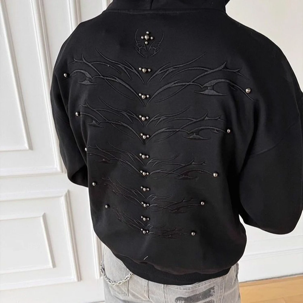 

Новая зимняя мужская толстовка с капюшоном и заклепками, в американском ретро-стиле, модная, трендовая, свободного кроя, повседневная, нишевая, мужская верхняя одежда