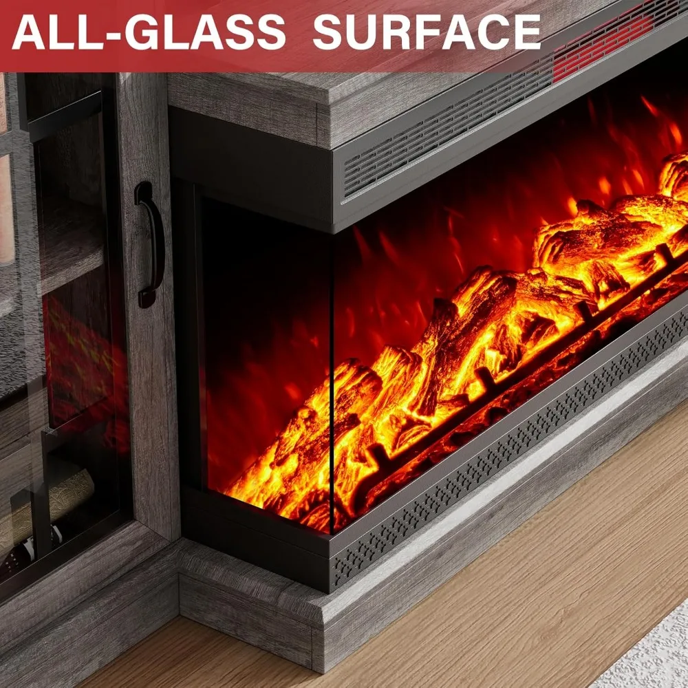 Supporto TV per camino elettrico 75 con vetro a 3 lati, centro multimediale in stile fattoria con armadio portaoggetti con porta in vetro