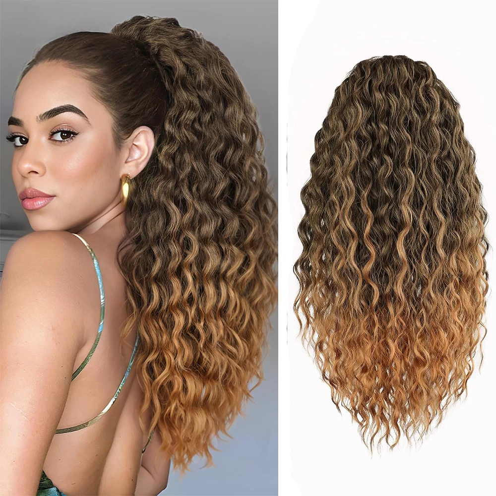 Curly Ponytail Extension Synthetic Drawstring Ponytail for Women 24Inch Long Curly Wavy Clip in Hairpiece for Daily Party