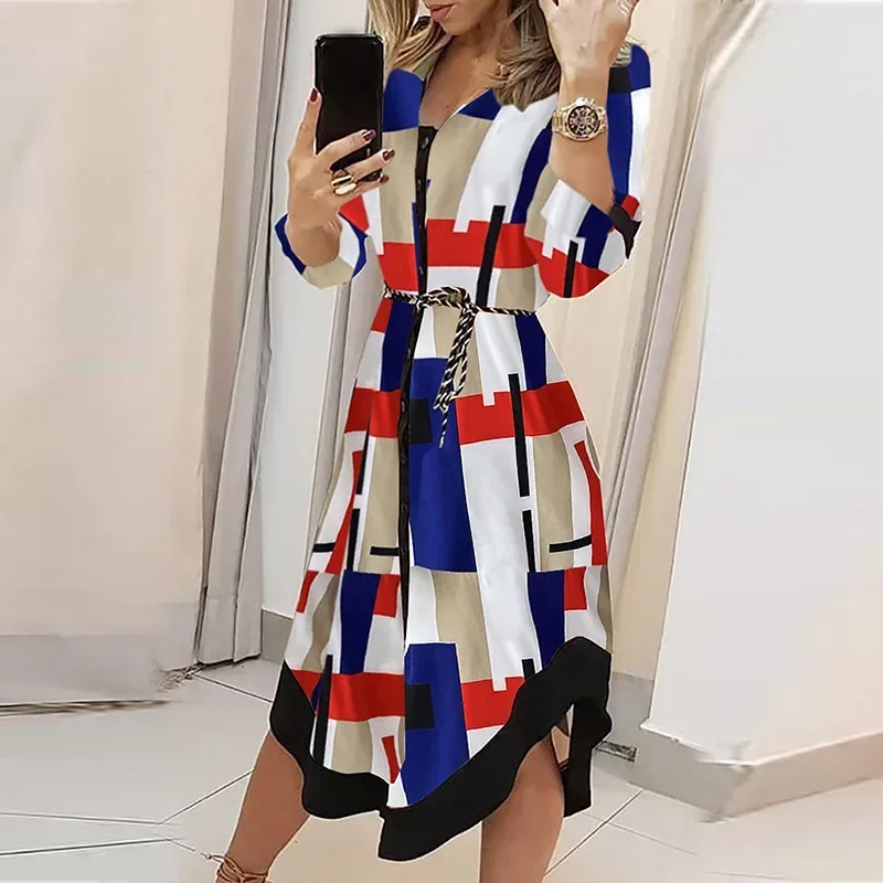 2023 Autumn and Winter Women\'s Turn Down Collar Button Drawstring Printing Fashion Casual Elegant Commuter Long Sleeve Dress