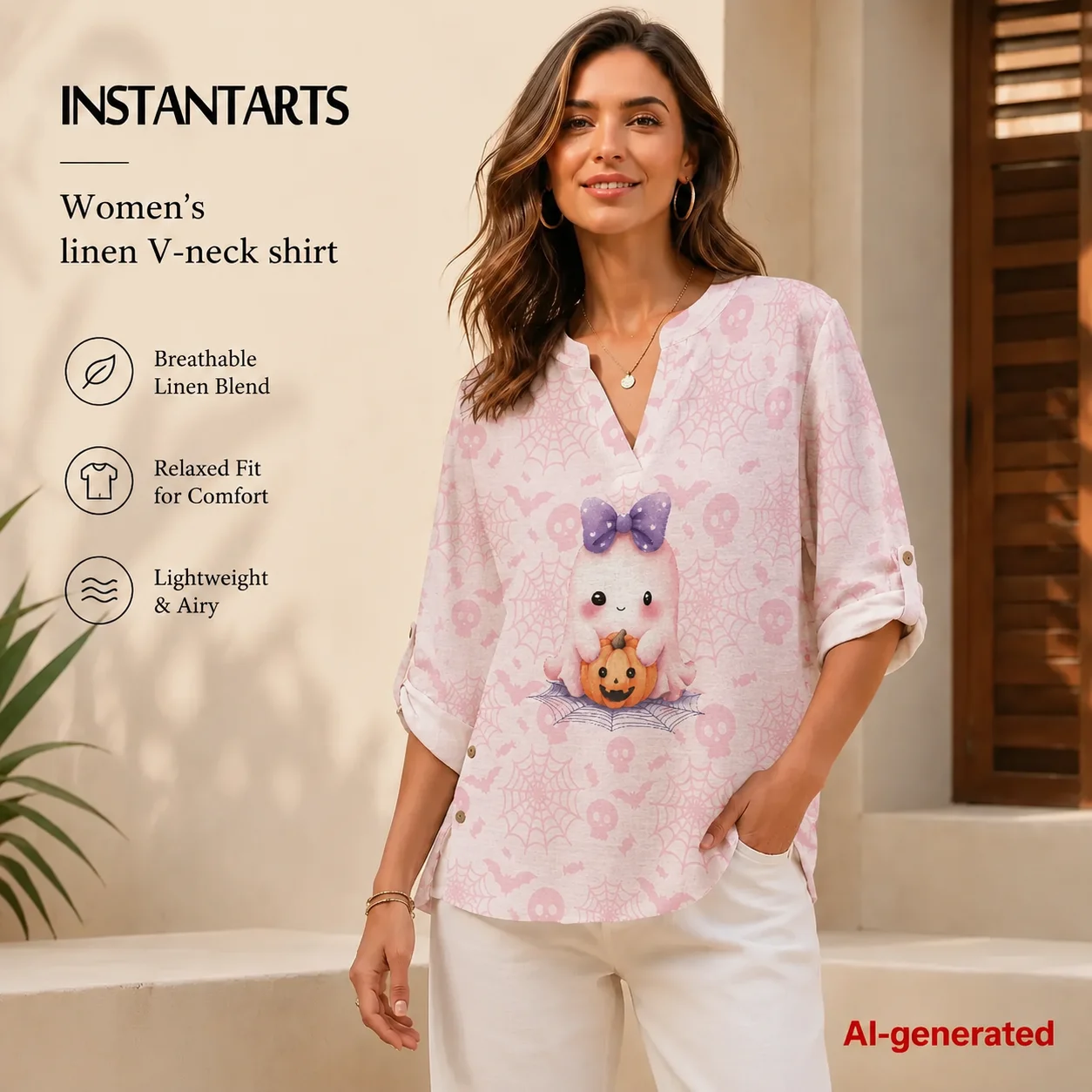 INSTANTARTS Halloween Button Shirt Women's Linen V-Neck Shirt Elegant Blouse for Women Plus Size Women Clothes Traf Woman S-3XL