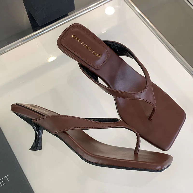 Fashion Shallow Women Medium Heels Slides Flip flops Slippers 2025 Summer Female Footwear Ladies Heels Slippers Pumps Shoes