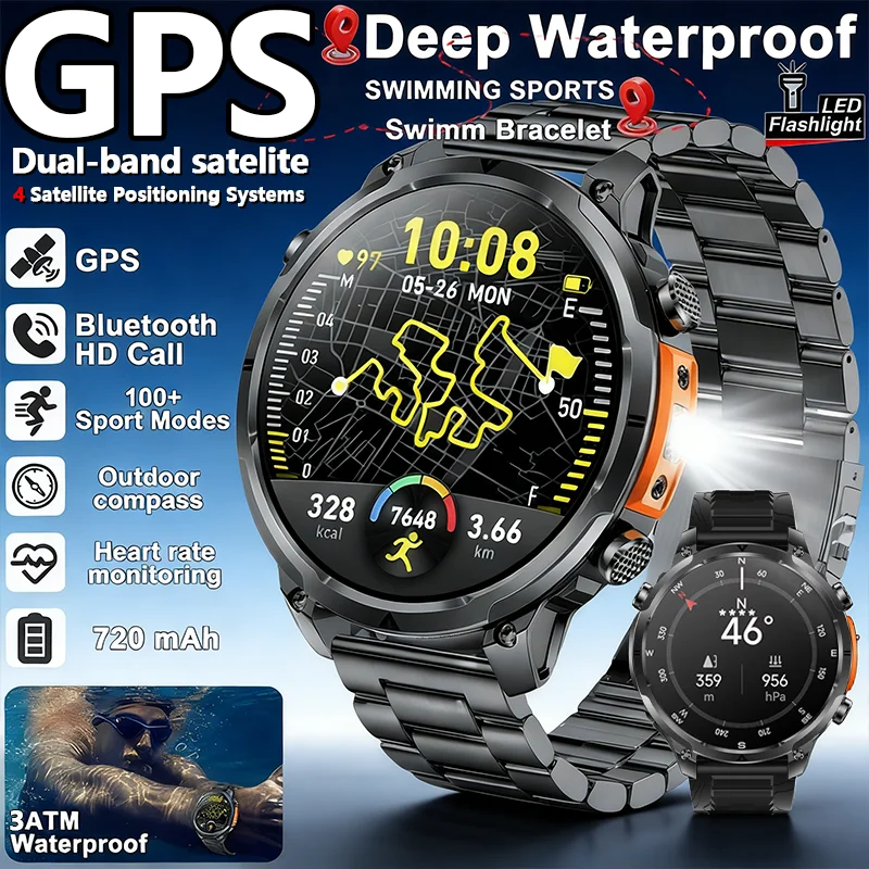 

2026 New GPS Smartwatch Man 720mAh Battery 3ATM Waterproof Bluetooth Call 1.7" HD Sports Flashlight Compass Smartwatch Men women