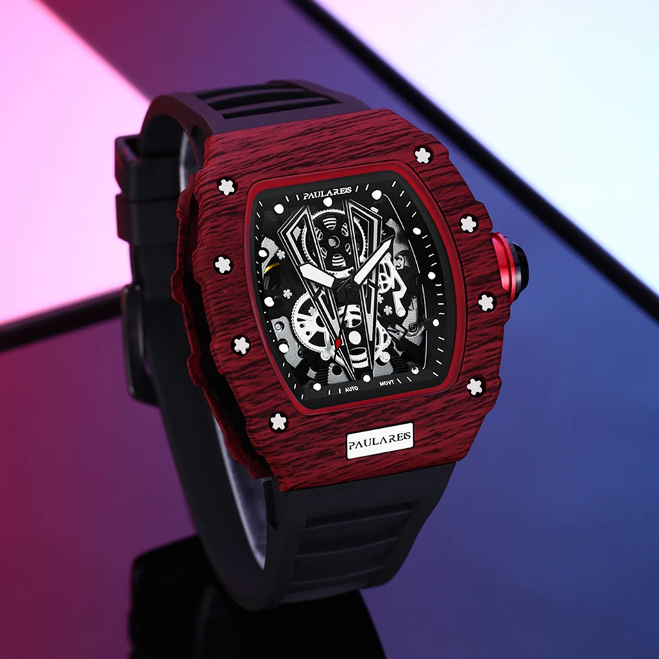 Automatic Mens Watch Mechanical Self Wind Movement Skeleton Red Black Rubber Strap Fashion Watches