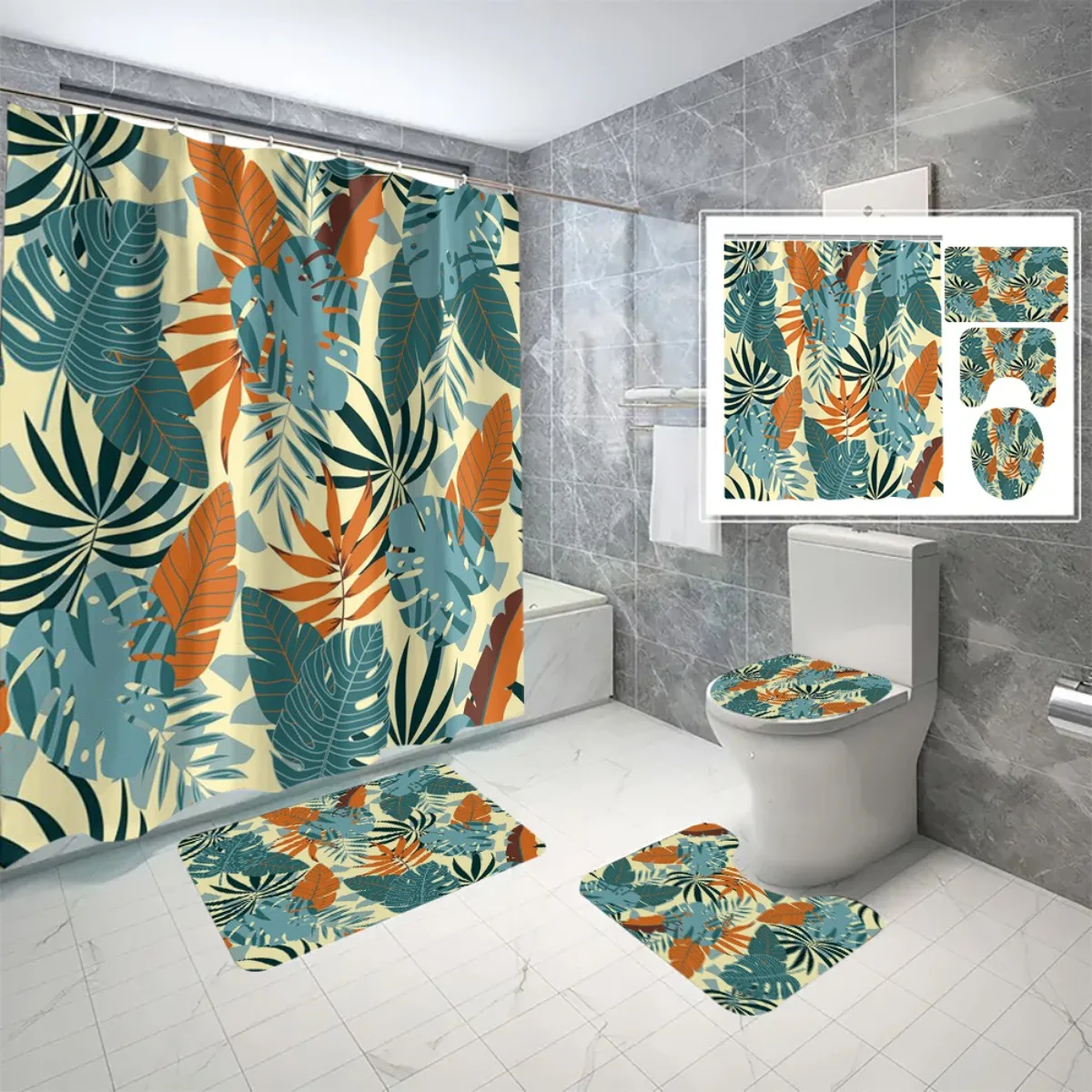 

Набор для ванной комнаты с тропическим рисунком листьев, занавеска для душа с крючками, нескользящий коврик, чехол на сиденье унитаза, нескользящий коврик