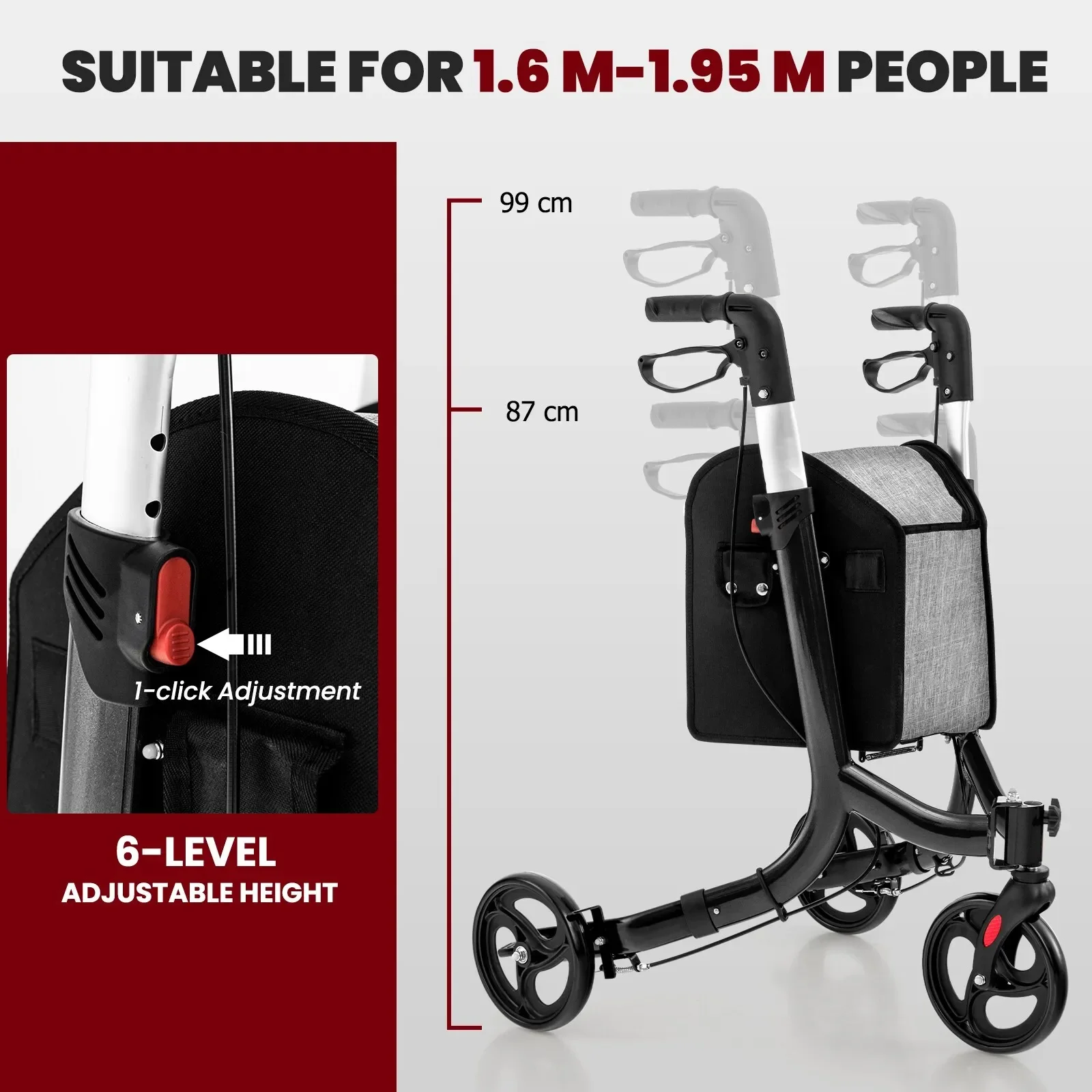 3 Wheels Folding Rollator Wwalking Assist Device Rehabilitation Equipment Outdoor Walking Aid Walker for Elderly