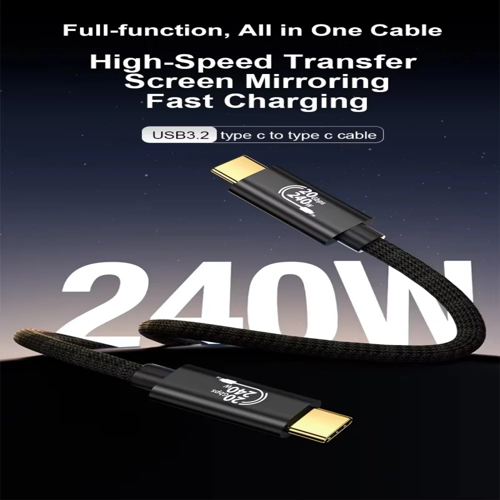Full USB 3.2 Cable 20 Gbps 240W, 4K 60Hz Fast Charging Data USB C to C Braided Cable, 1 m, 1.5 m, 2 m For laptop Thunderbolt 3/4