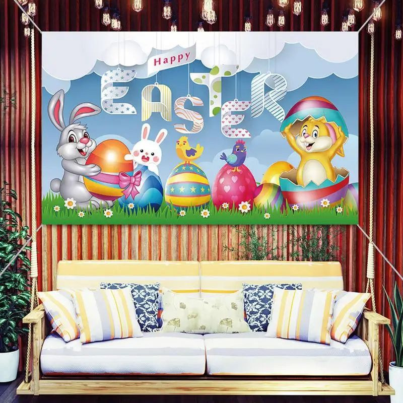 Happy Easter Backdrop 180x110cm Spring Easter Photography Banner Cloth With Bunny And Eggs Pattern Easter Photo Background