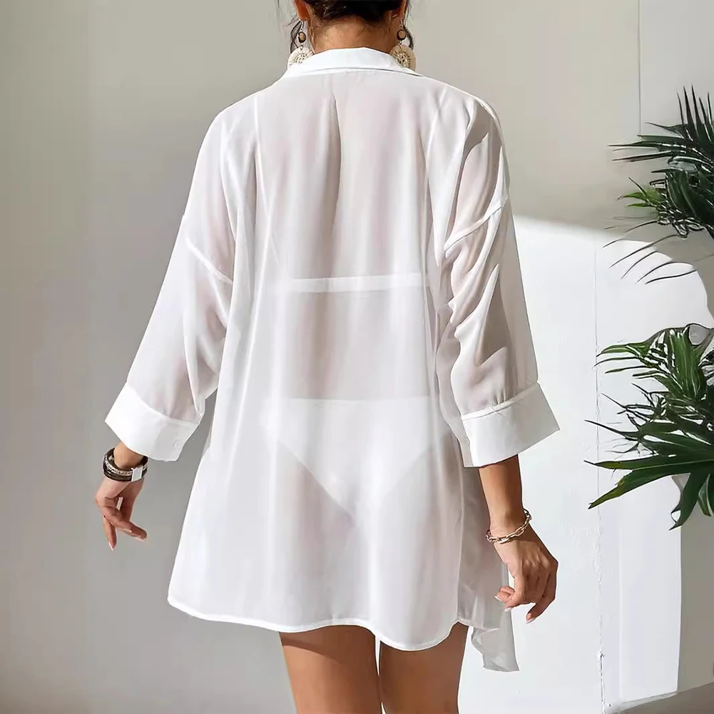 Shirts Badmode Lange Mouwen Chiffon Niet Stretch Utra-Dunne Witte Badmode Strandjurk Strandshirt Bikini Cover-Up Comfy