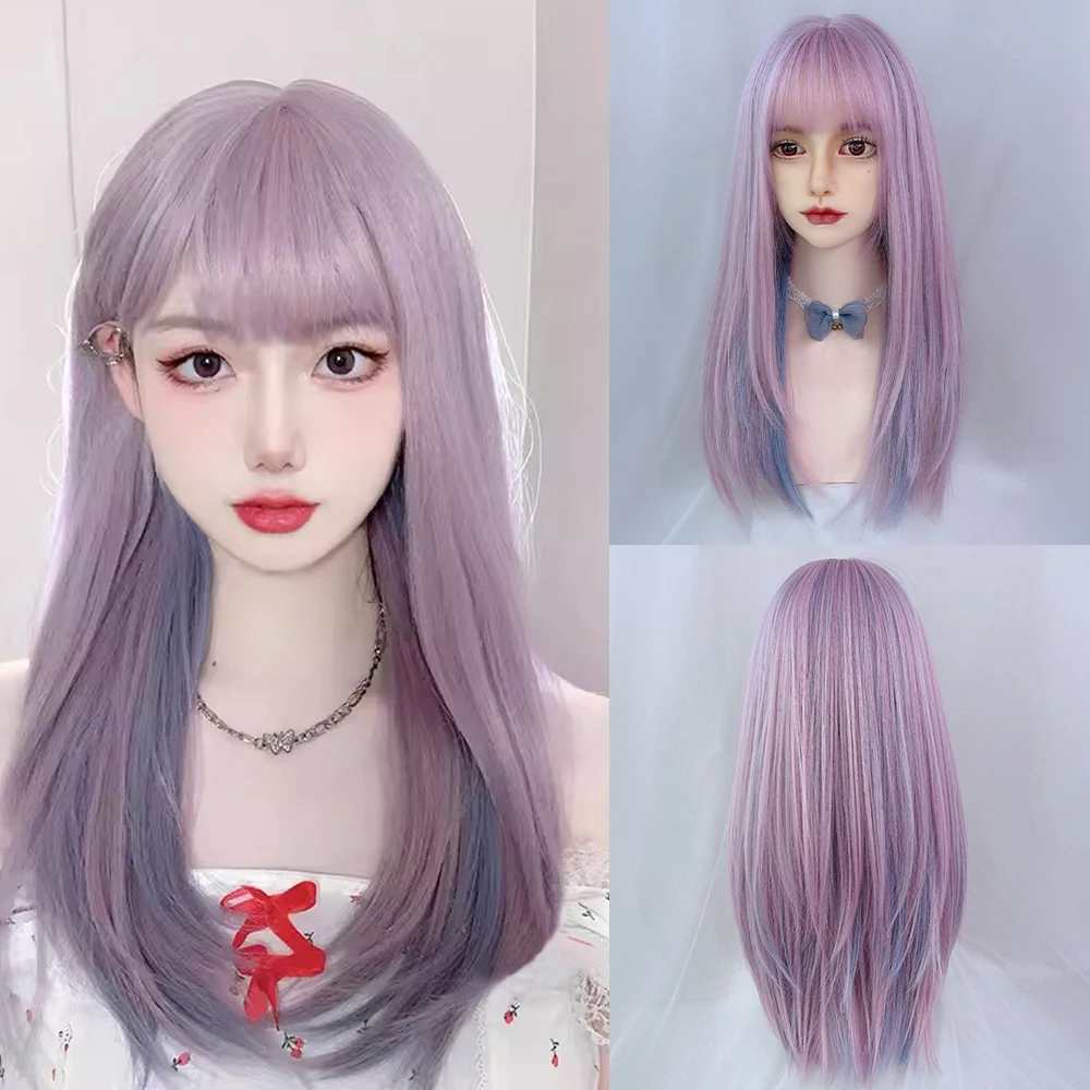 

GAKA Synthetic Long Straight Hair Pink Highlighting Blue Heat-Resistant Cosplay Wig With Bangs For Women