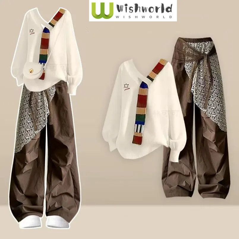 

Spring and Autumn New Loose Korean Knitted Sweater+Casual Wide Leg Pants Elegant Women's Two Piece Set