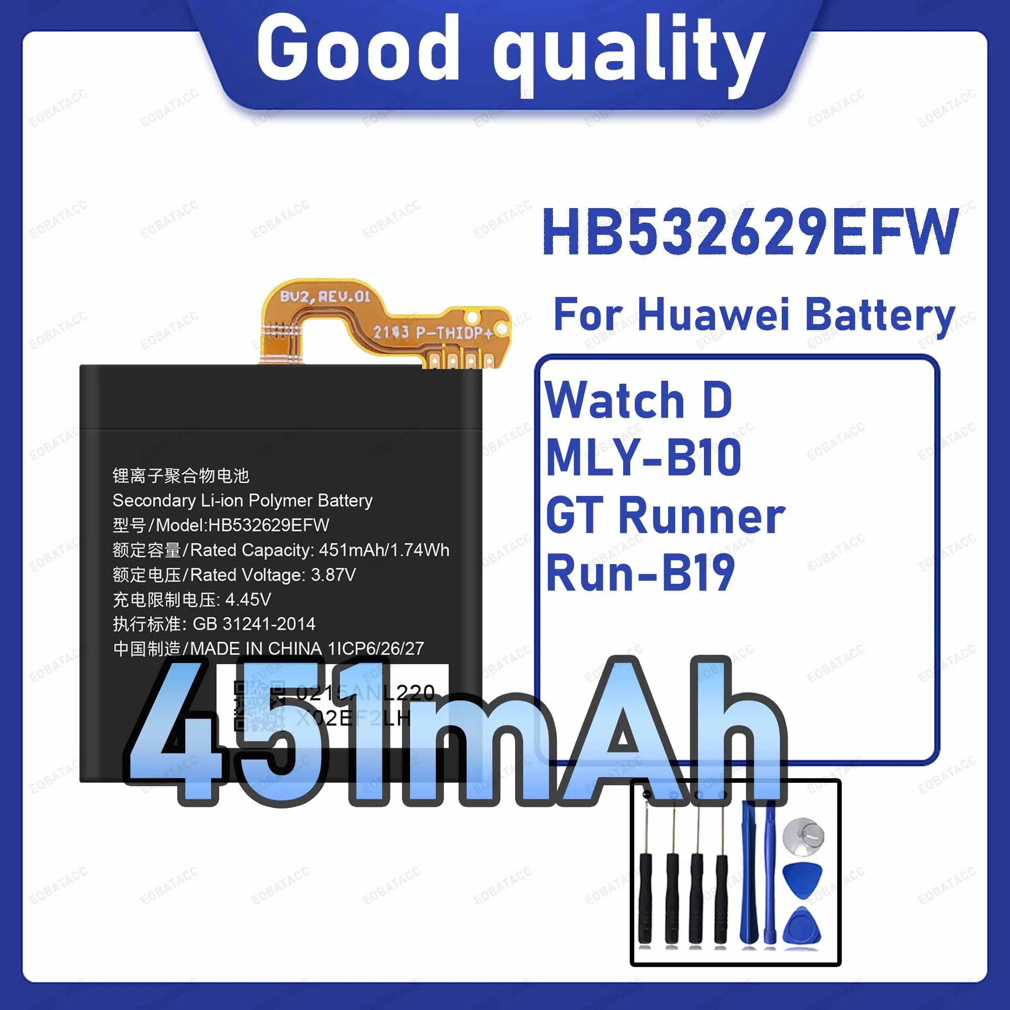 451mAh HB532629EFW Replacement Battery for huawei Watch DMLY-B10/Run-B19 Watch with Repair Tools Kit