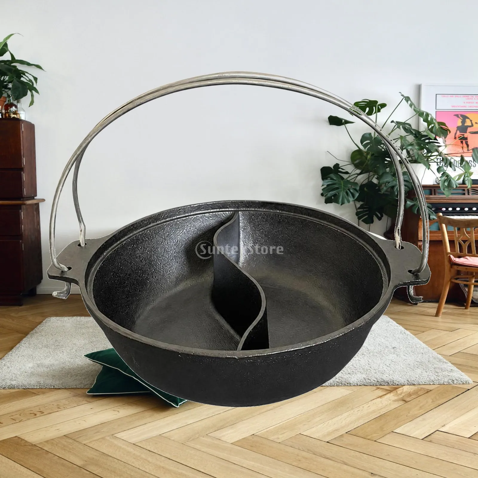 Divided Hot Pot Cast Iron Hot Pot with Divider Cookware Rustic Heat-Resistant for Campers, Outdoor Cooking, Camping