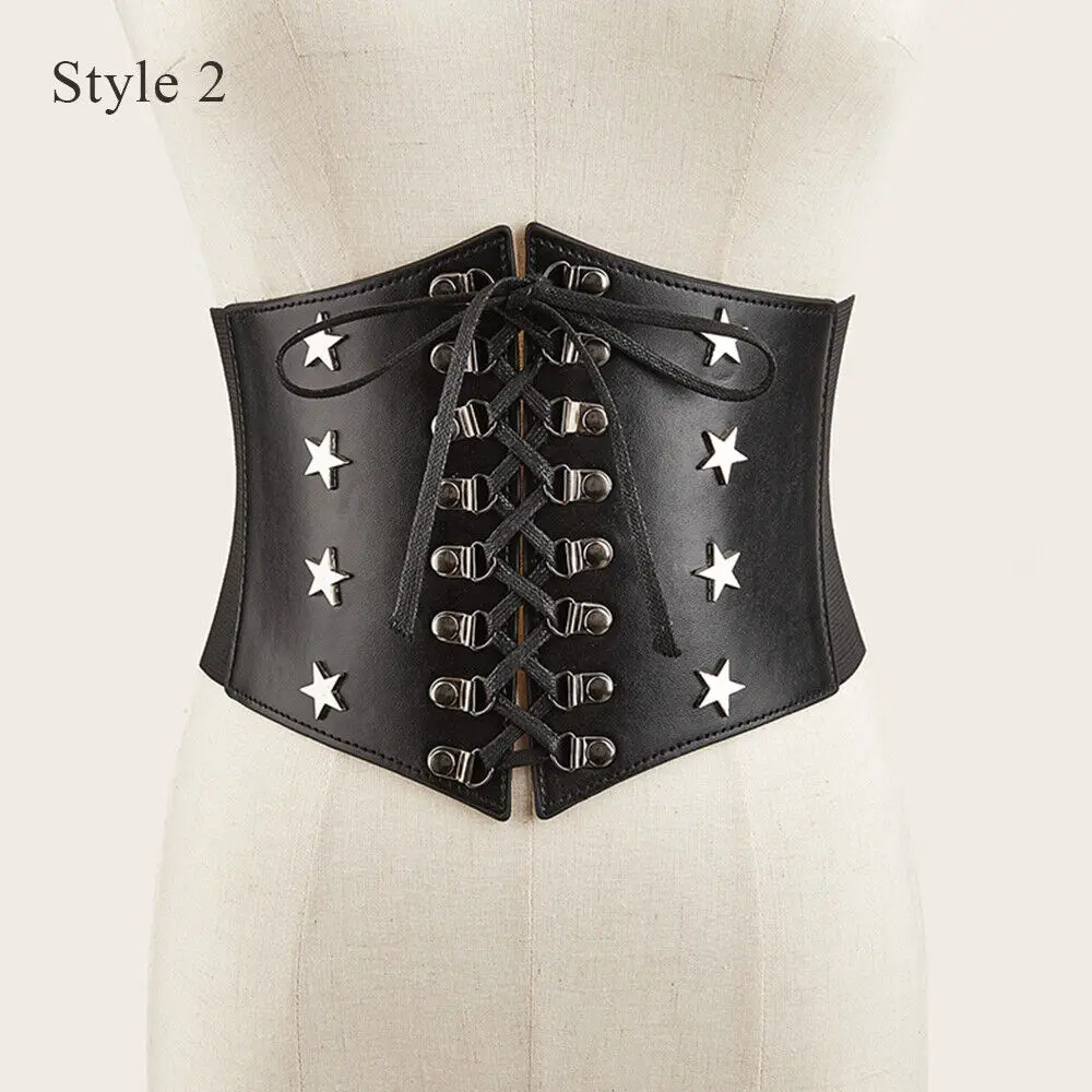 Women Lady Tied PU Leather Corset Waist Wide Belt Cincher Elastic Stretchy Band