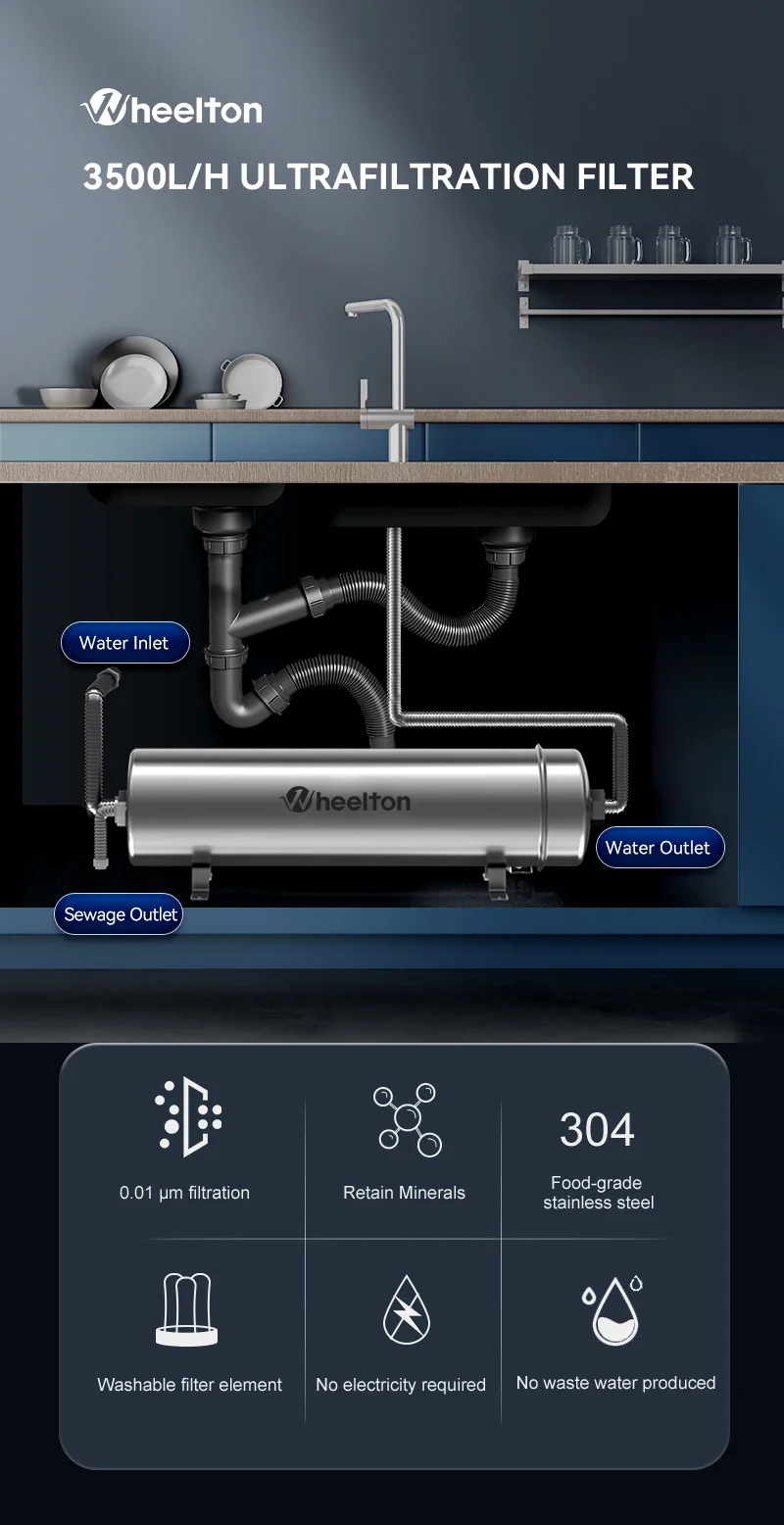 Wheelton PVDF UF 3500L/H Wasserreiniger für das ganze Haus, Ultrafiltrationsfilter, 0,01 µm Filtration, SUS304, Trinkwasser – Detail 4