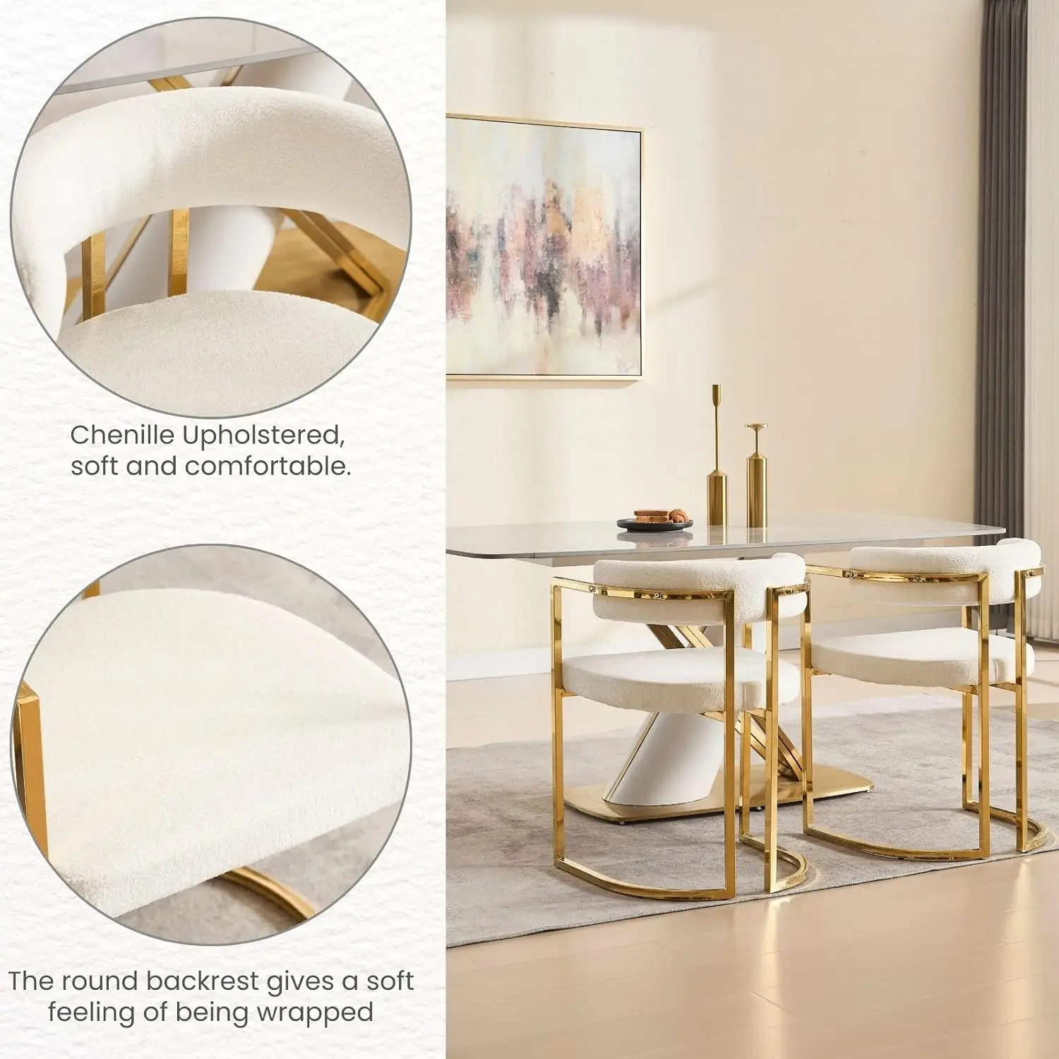 White Chenille Dining Chairs Set of 4, Modern Open Back Barrel Chair with Gold Legs for Kitchen Dining Room Vanity, Customized