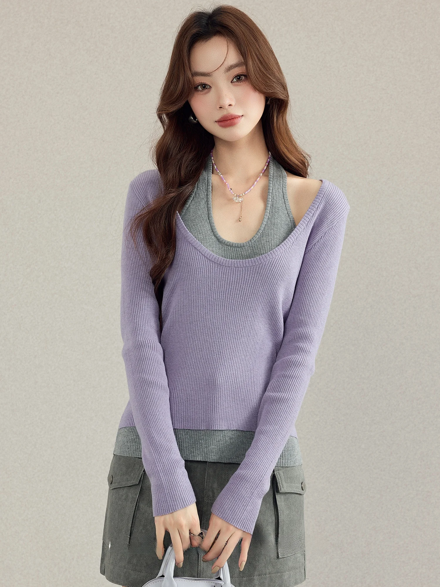 

Женский повседневный вязаный свитер Slim Fit с длинными рукавами, круглым вырезом и эффектом двухслойности, топ с имитацией двойки