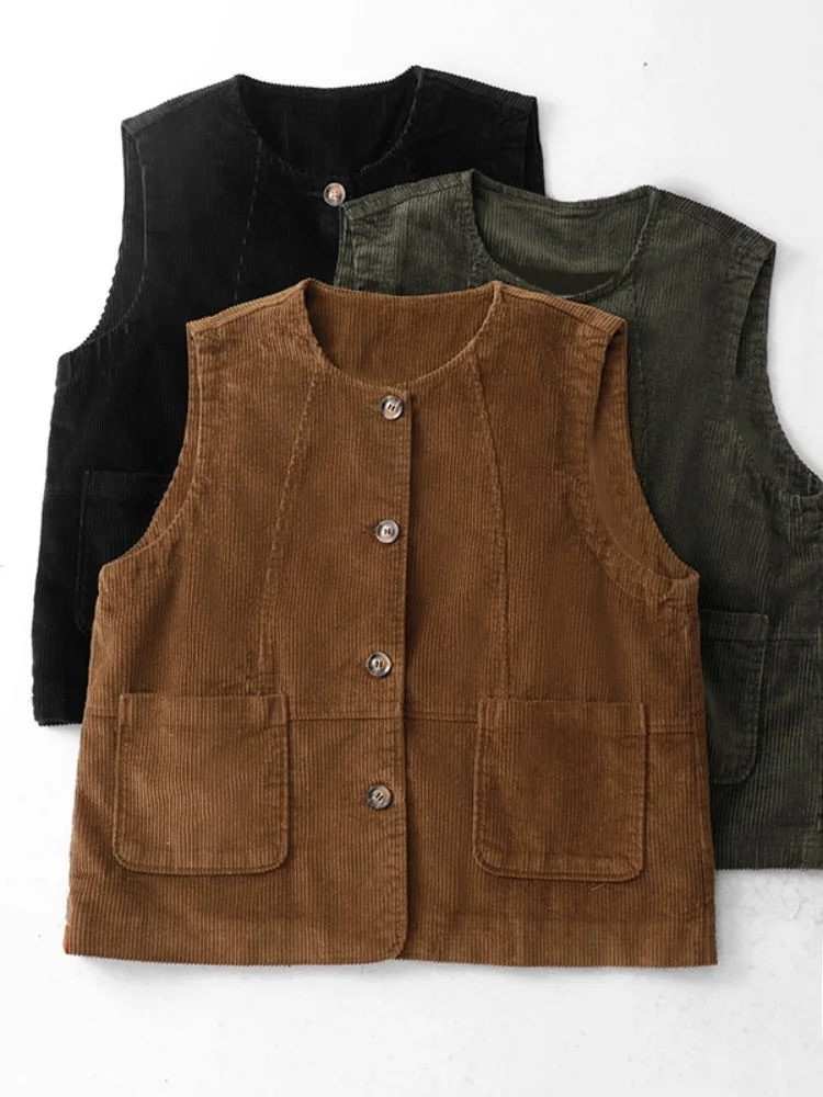 

Retro Corduroy round Ne Vest Women's Spring Small Size Layering Plu oulder Bared Svel Top Faionable Slim Fit