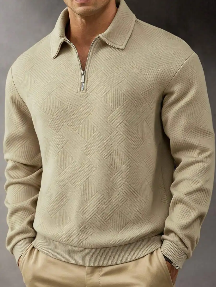 

Men's Beige Half-Zip Collared Sweater with Geometric Jacquard Knit, Casual Fit for Spring Autumn