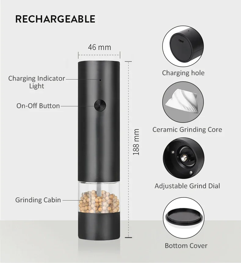 E5 USB Rechargeable Electric Salt Pepper Grinder Adjustable Coarseness Large Capacity Auto Spices Grinders Kitchen Cooking Tool