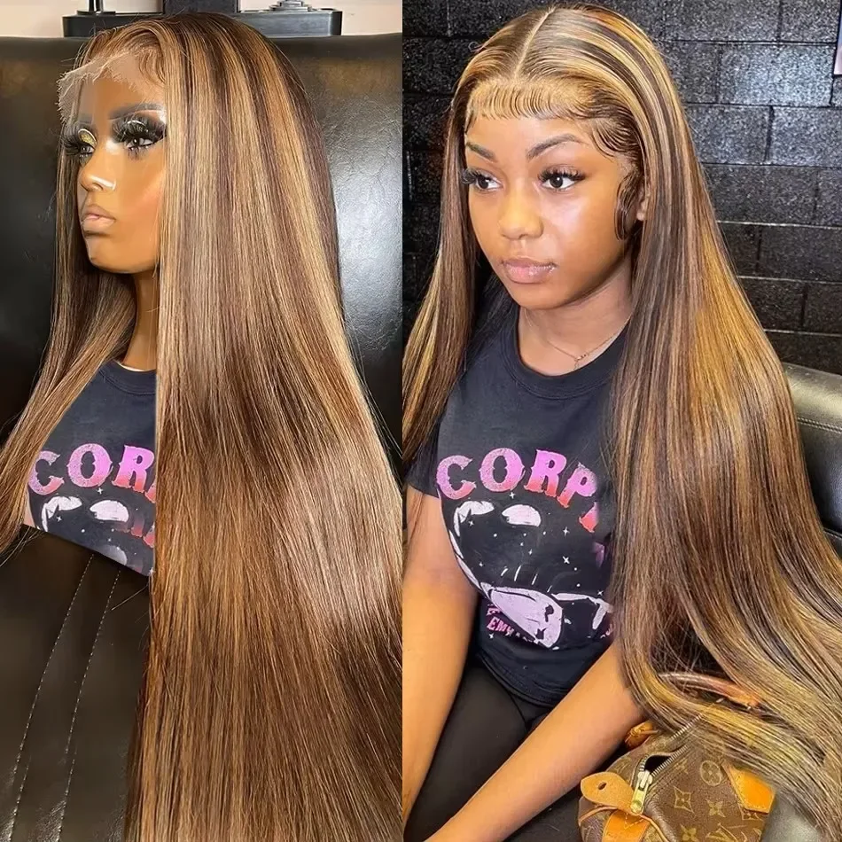 Piano Color Bone Straight Human Hair Wigs P4/27 Highlight 200% High Density 36 Inches Long-length 13x6 13x4 HD Transparent Lace Frontal Wig Pre Plucked For Women Brazilian Hair