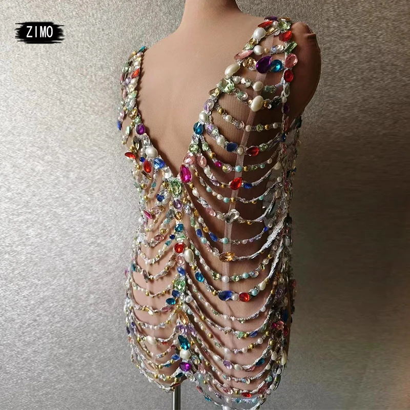 Sexy Hollow Out Colorful Rhinestone Dress Women Stage Performance Dresses Birthday Party Club Dance Singer Drag Queen Costume