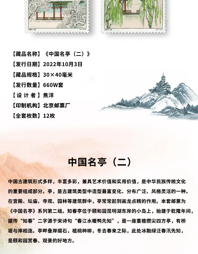 China Post Briefmarken, Jahrgang 2004-2022, Berühmter Pavillon, 1 Set mit 8 neuen, postfrischen Sammlerbriefmarken, Material für Scrapbooking – Detail 3