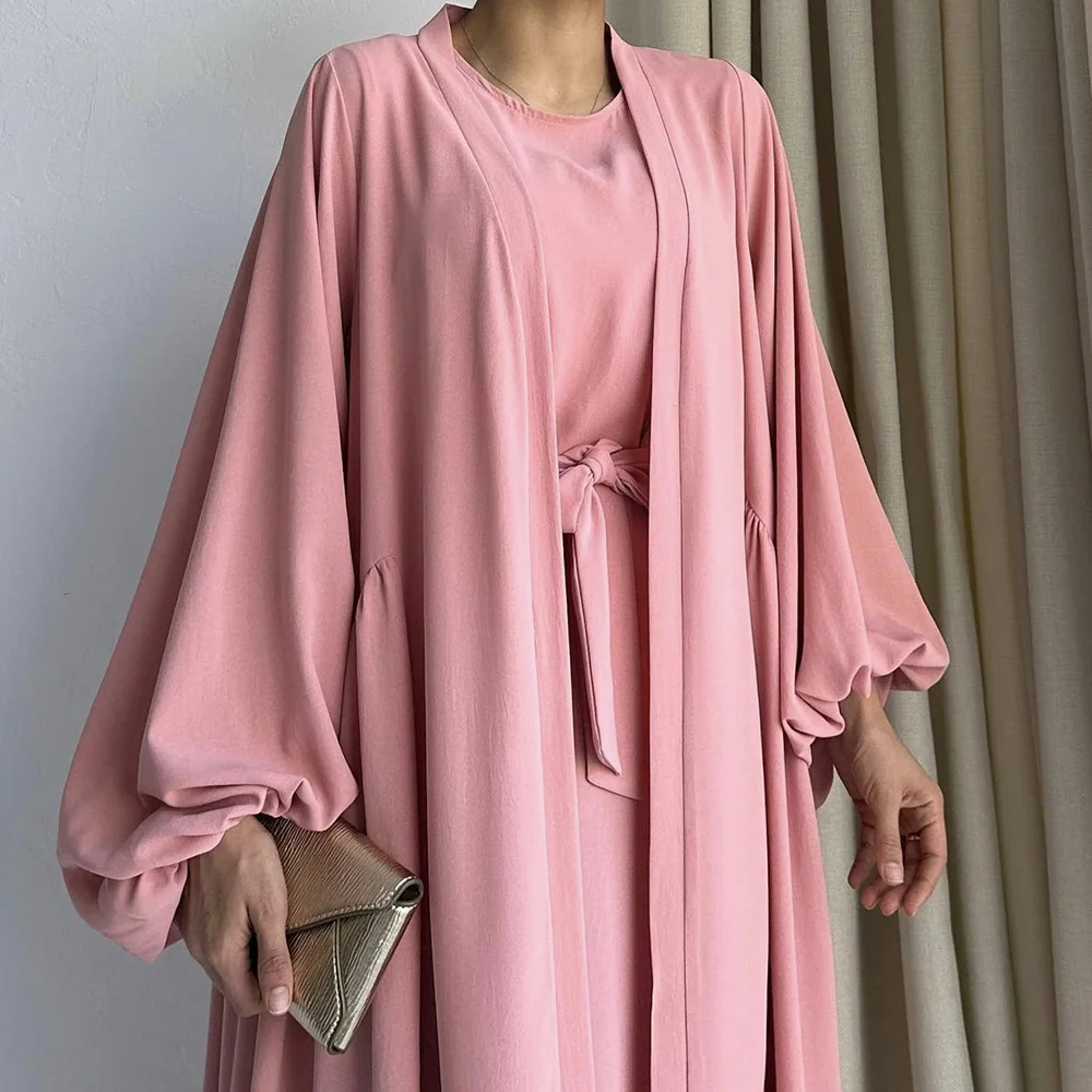 2 Piece Soft Nida Abaya Set Ramadan Balloon Sleeves Plus Size Kimono With Sleeveless Inner Dress Slip Solid Islamic Clothing