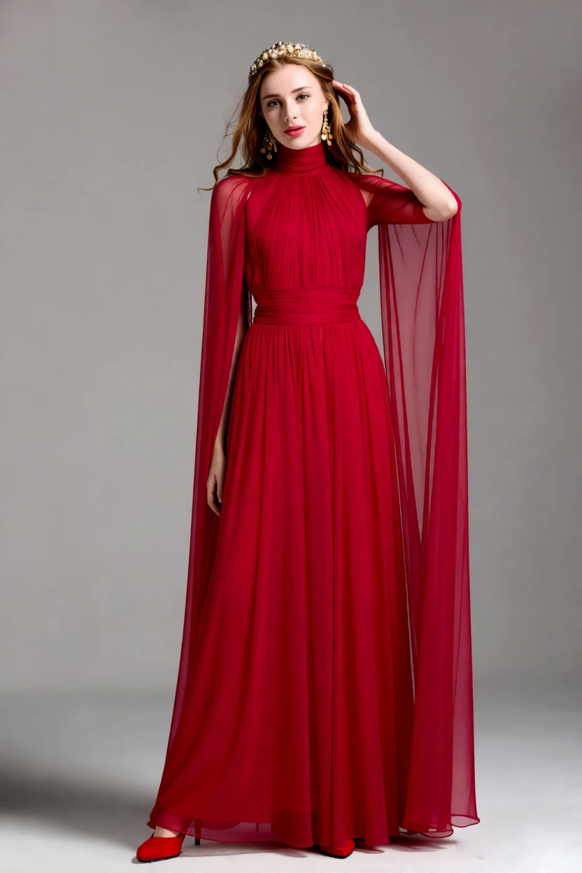 Red High Neck Cape Maxi Dress for Women - Elegant Floor Length Gown with Pleated Bodice & Sheer Long Sleeves Prom Vestidos