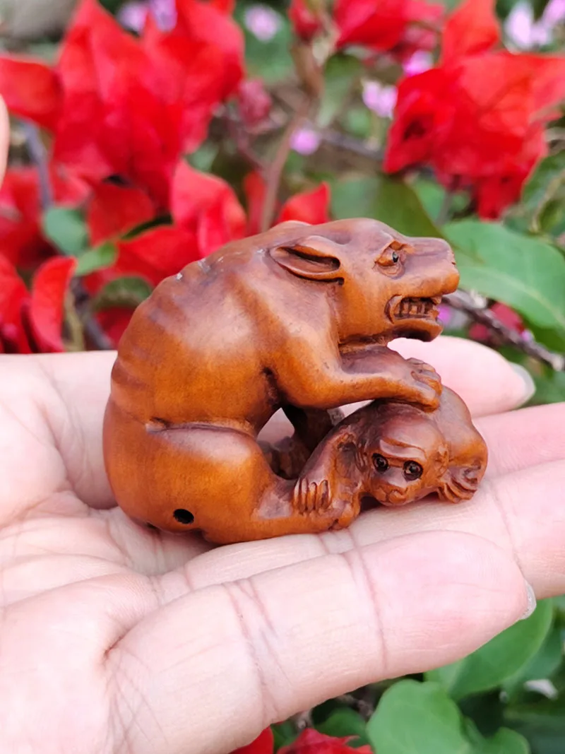 Y9015 -  2“ Hand Carved Boxwood Netsuke- Gothic Wolf and Monkey